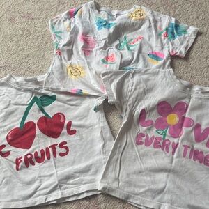 Zara White Kids Graphic Tee Trio with Pink, Red, Yellow, Teal and Green Prints